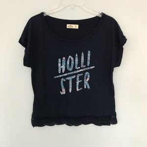 Hollister Navy and Floral Cropped Boxy Top